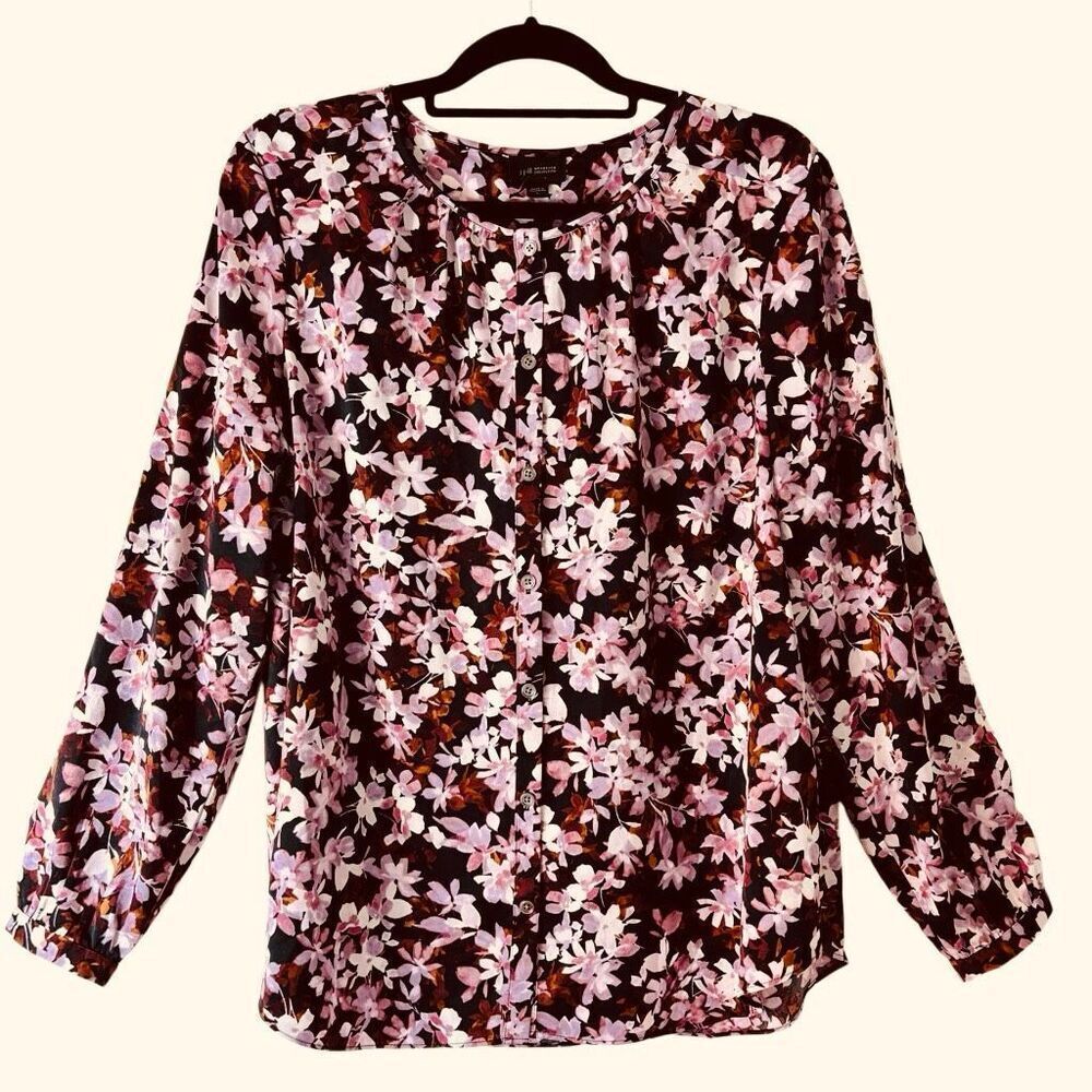 J. Jill L plum lavender brown floral button front long sleeve gathered back blou